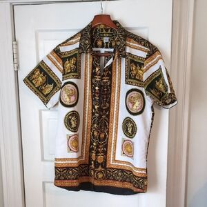 Phat Farm Men's Short-Sleeve Medallion Print Shirt – Gold & Black on White